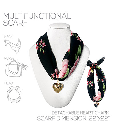 Floral Scarf & Heart Charm Necklace