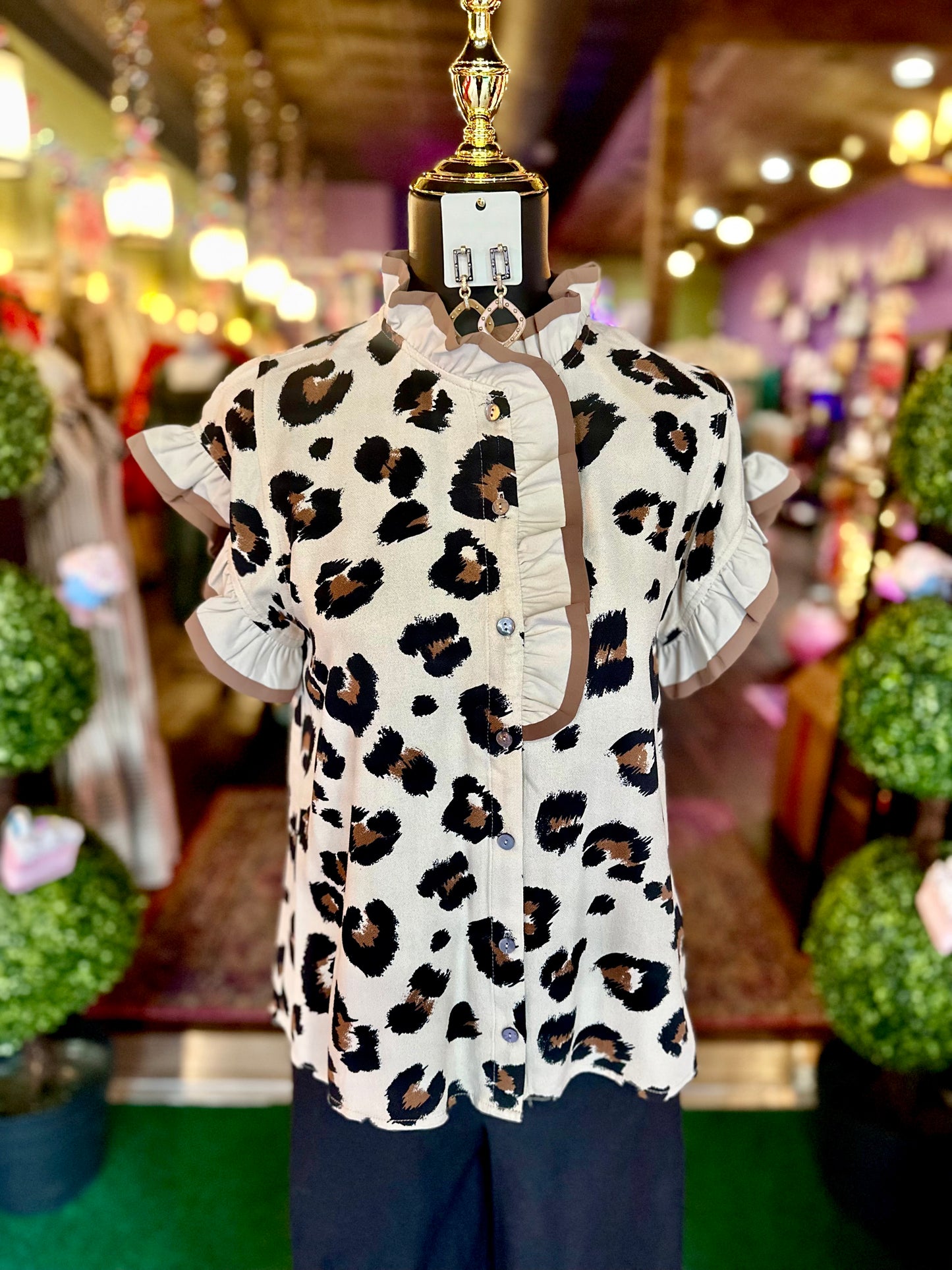 Leopard Button-Up Ruffle Detail Blouse