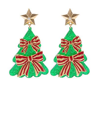 Christmas Tree & Bow Drop Earrings