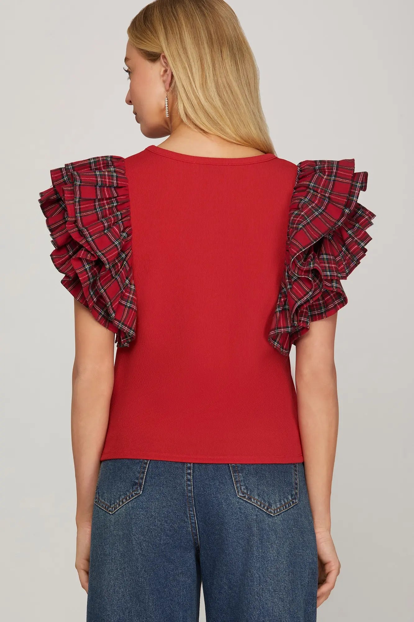 Red Christmas Plaid Ruffled Shoulder Top