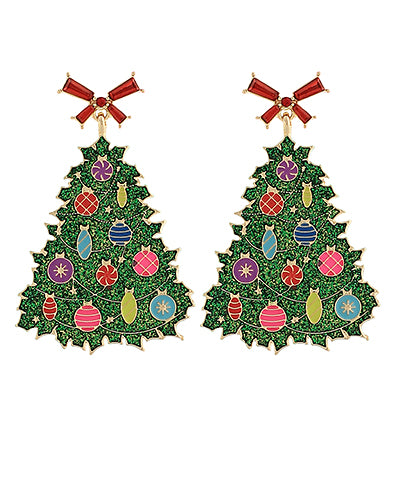 Glitter Christmas Tree & Colorful Ornaments Earrings