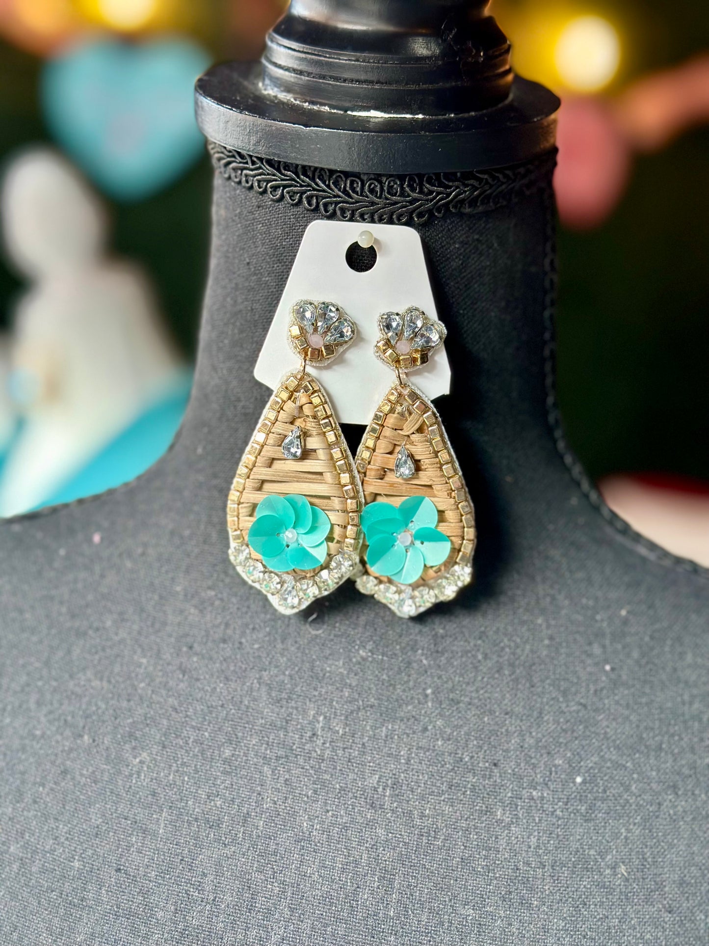 Jeweled Raffia Flower Drop Earrings