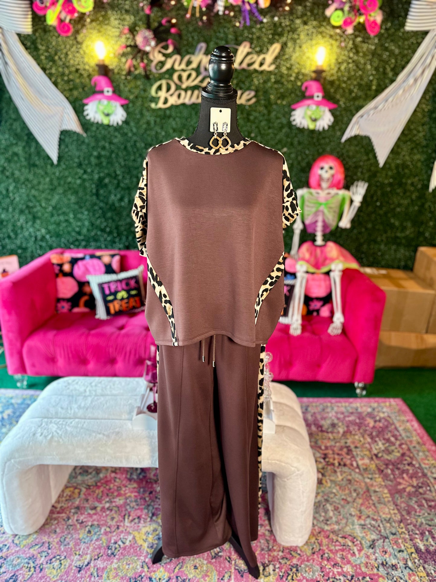 Brown Leopard Trim Top & Pants Set