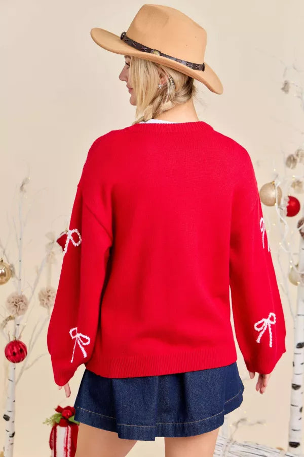 Red & White Pearl Bow Cardigan