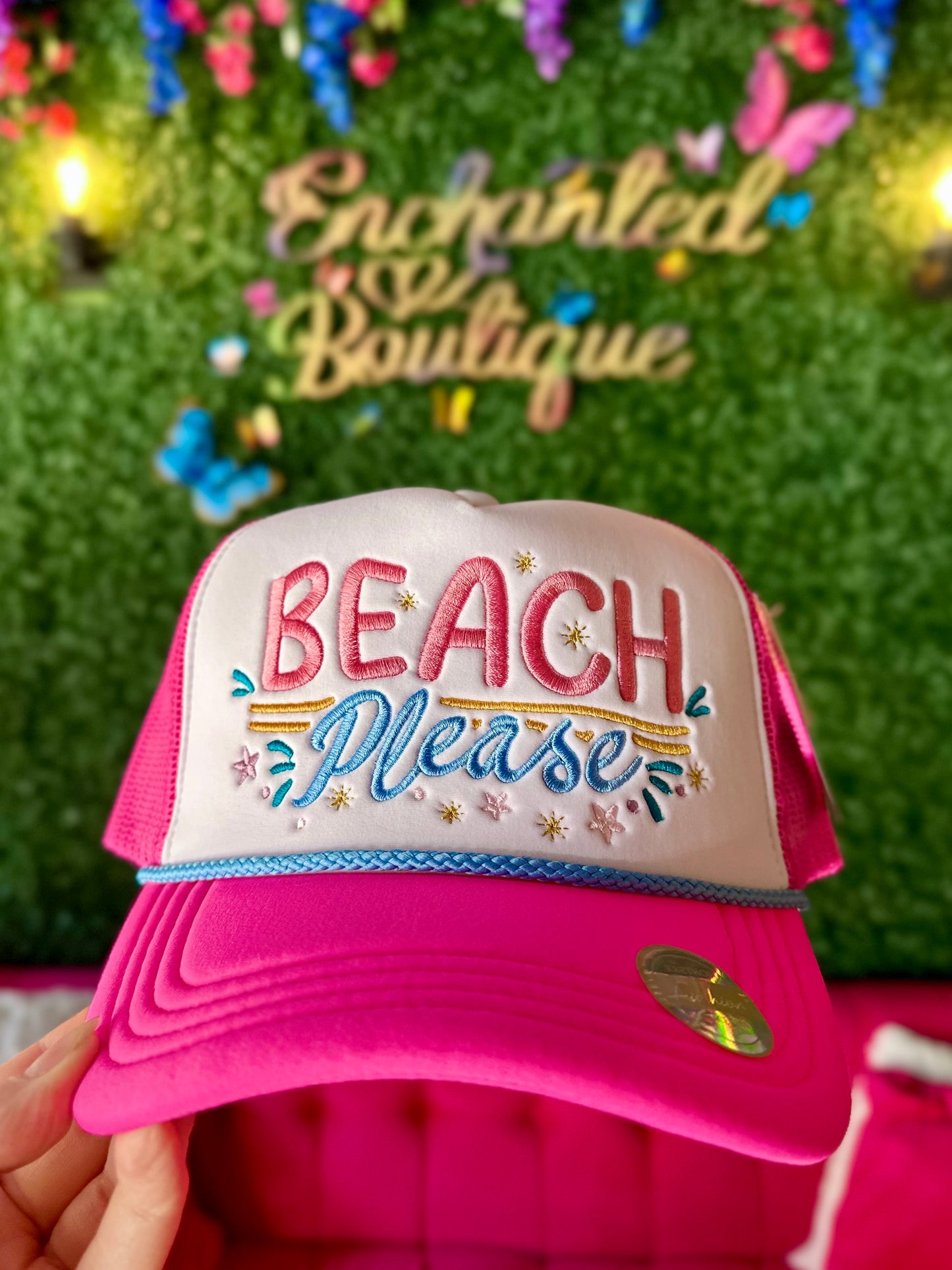 Neon Pink “Beach Please” Trucker Hat