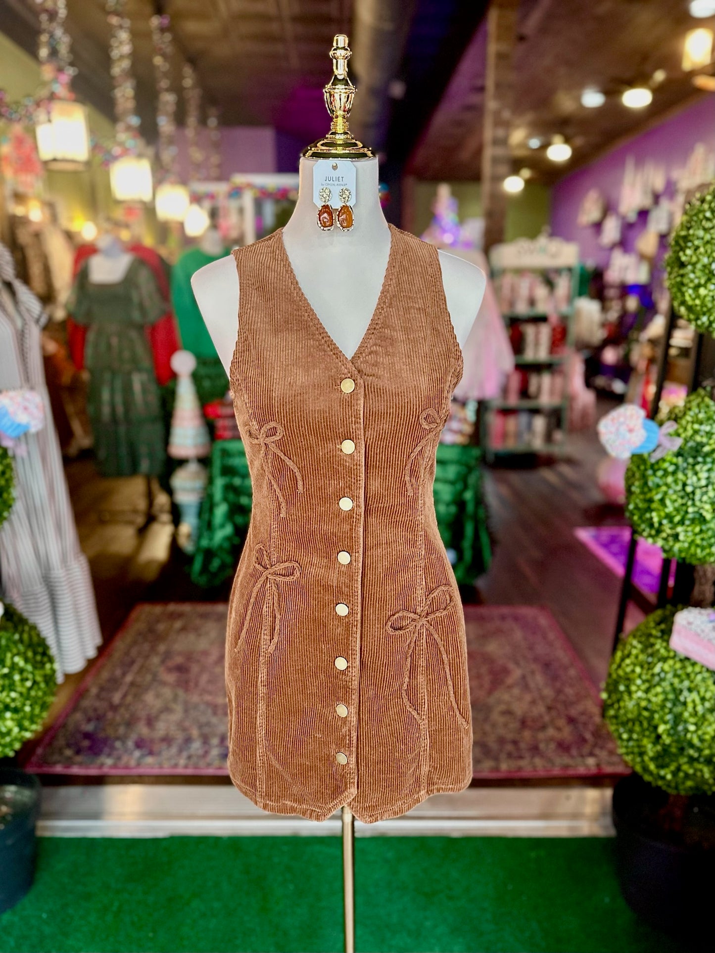 Bow Detailed Corduroy Vest Mini Dress