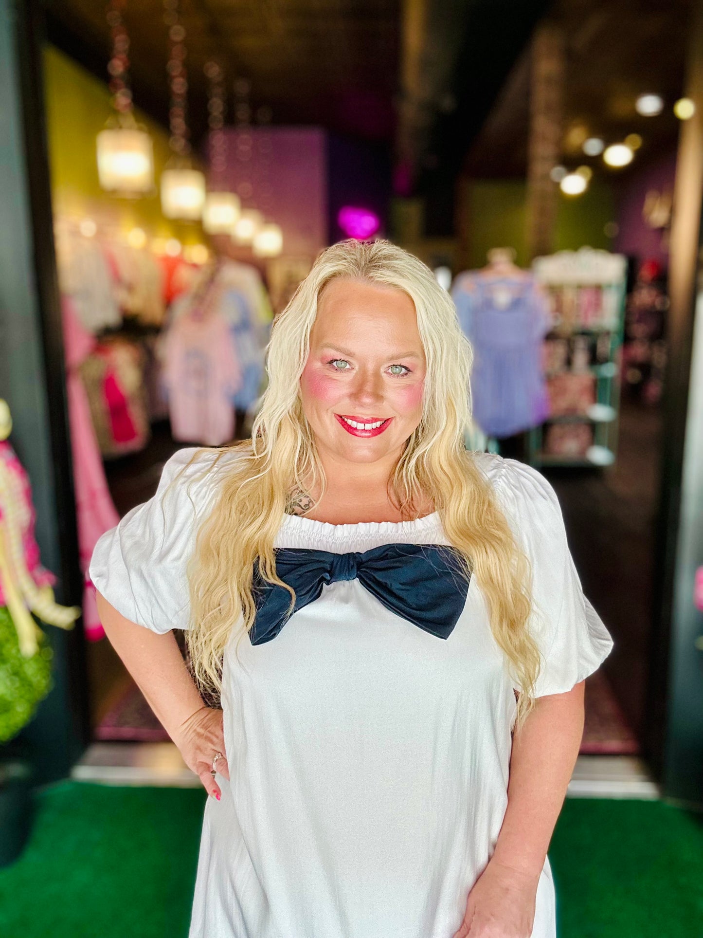 Navy Bow Off White Puff Sleeve Mini Dress