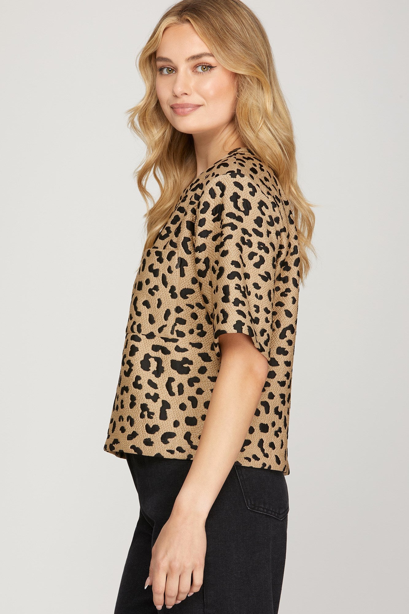 Leopard Half Sleeve Textured Knit Top