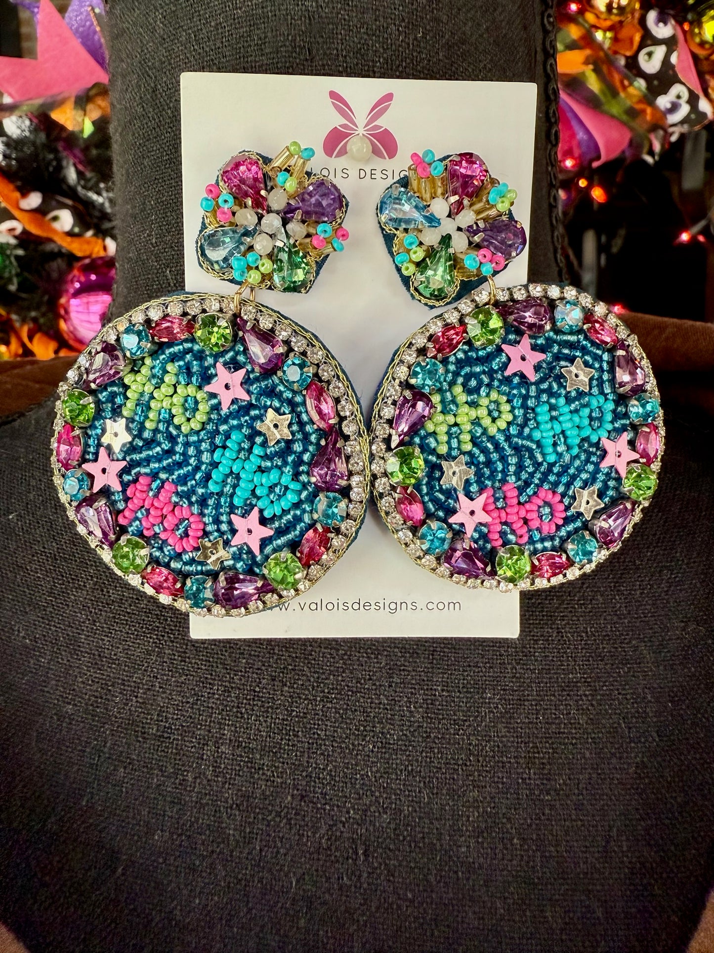 Ho Ho Ho Beaded & Jeweled Disc Earrings
