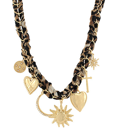 Leopard Scarf Sun Burst Multi Charm Necklace
