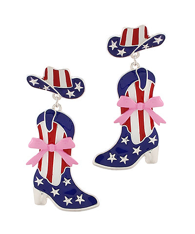Patriotic Cowgirl Hat & Boots Drop Earrings