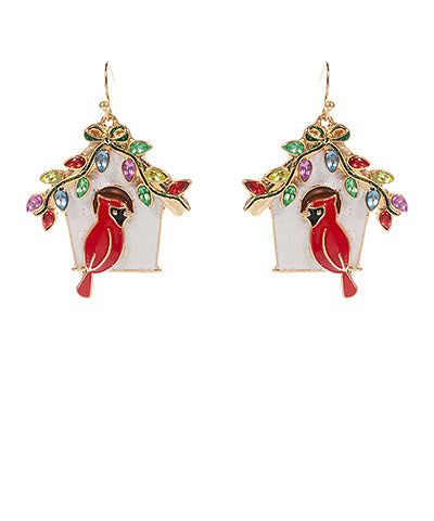 Christmas Cardinal & Bird House Earrings