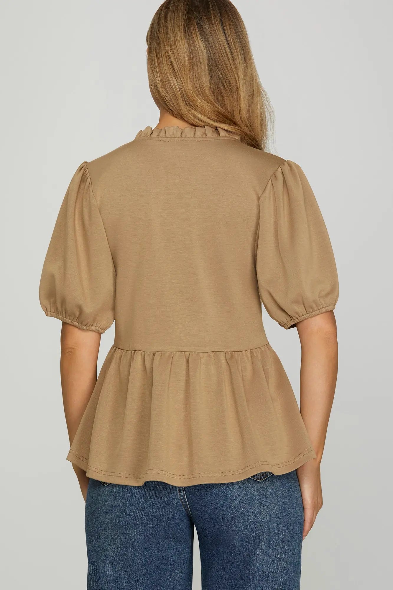 Mocha Short Sleeve Ruffle Neck Top