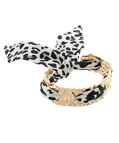 Black & White Leopard Scarf-Threaded Metal Bracelet