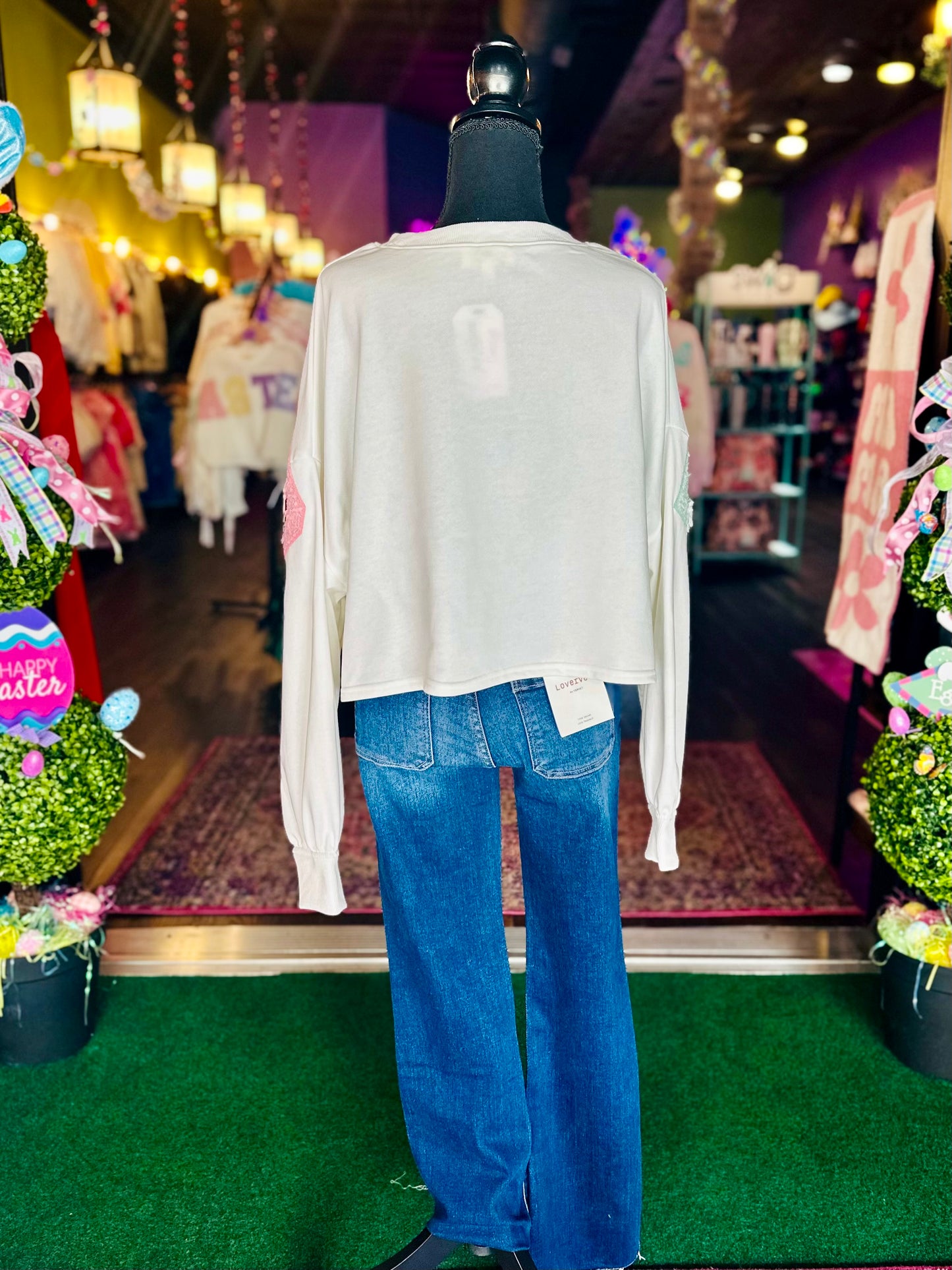 Tweed Embroidered “Easter” Cropped Sweatshirt