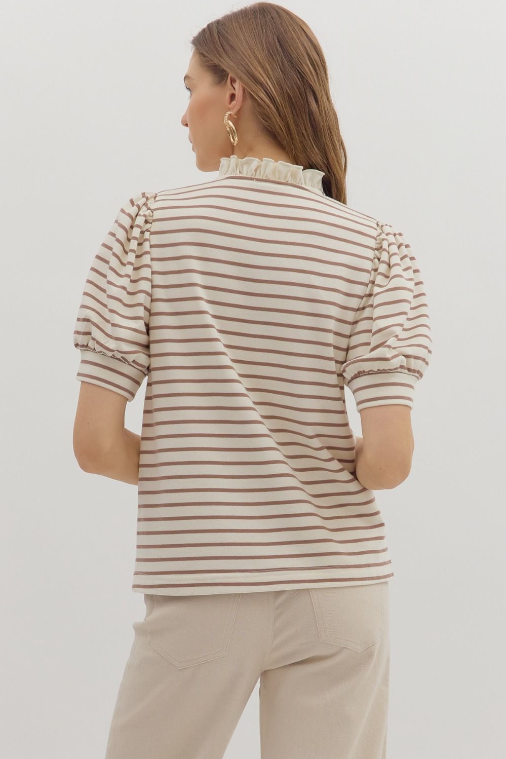 Cream & Mocha Striped Puff Sleeve Top