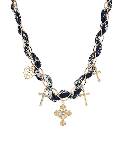 Navy & Gold Cross Charm Scarf Necklace