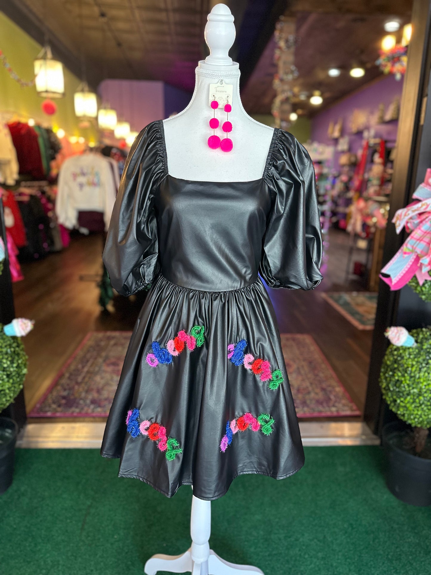 Leather puff sleeve “ Cheers “ Dress