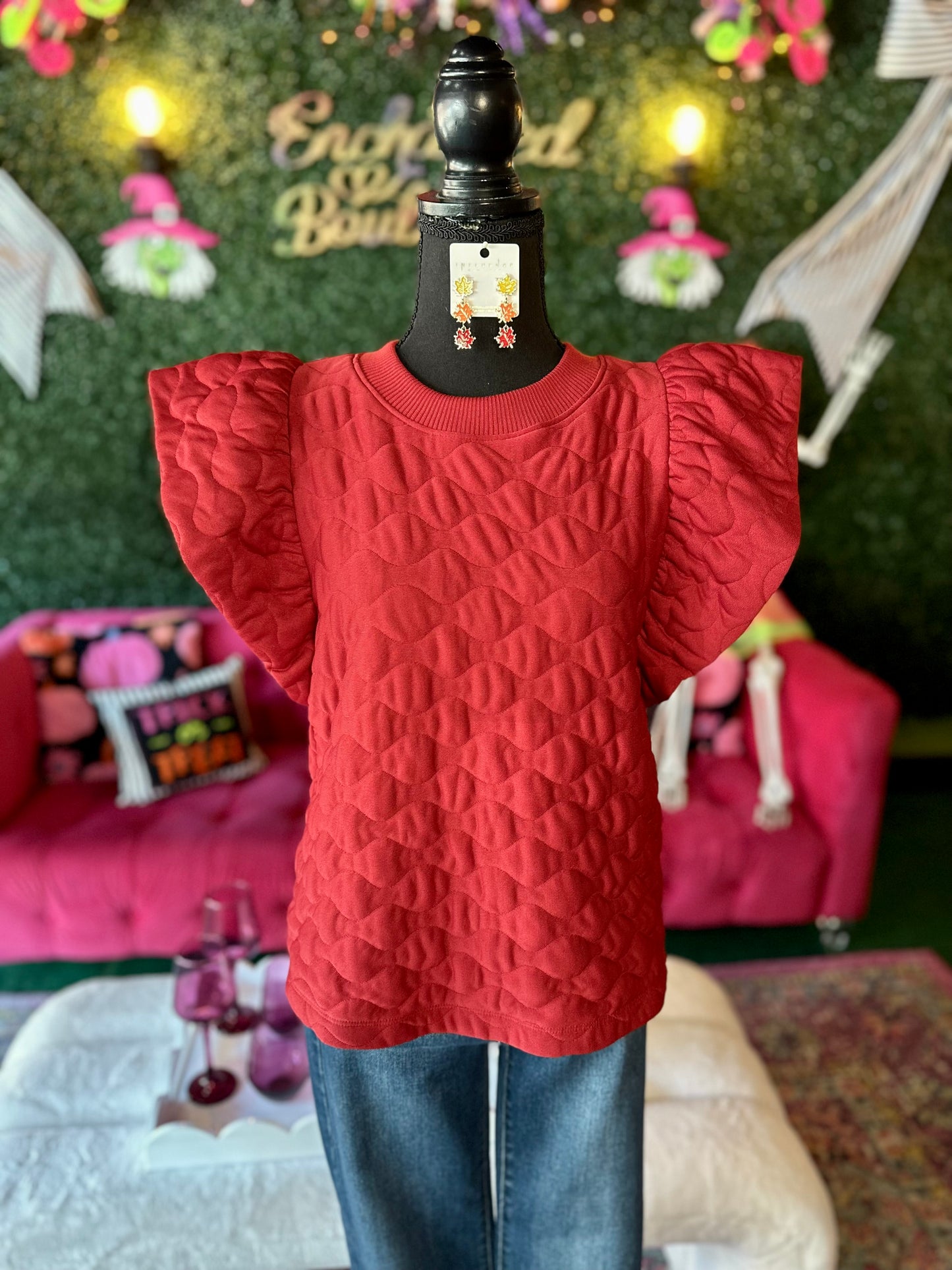 Burgundy Quilted Ruffle Sleeve Top