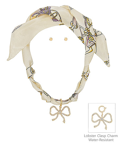 Rhinestone Bow Charm Scarf Necklace