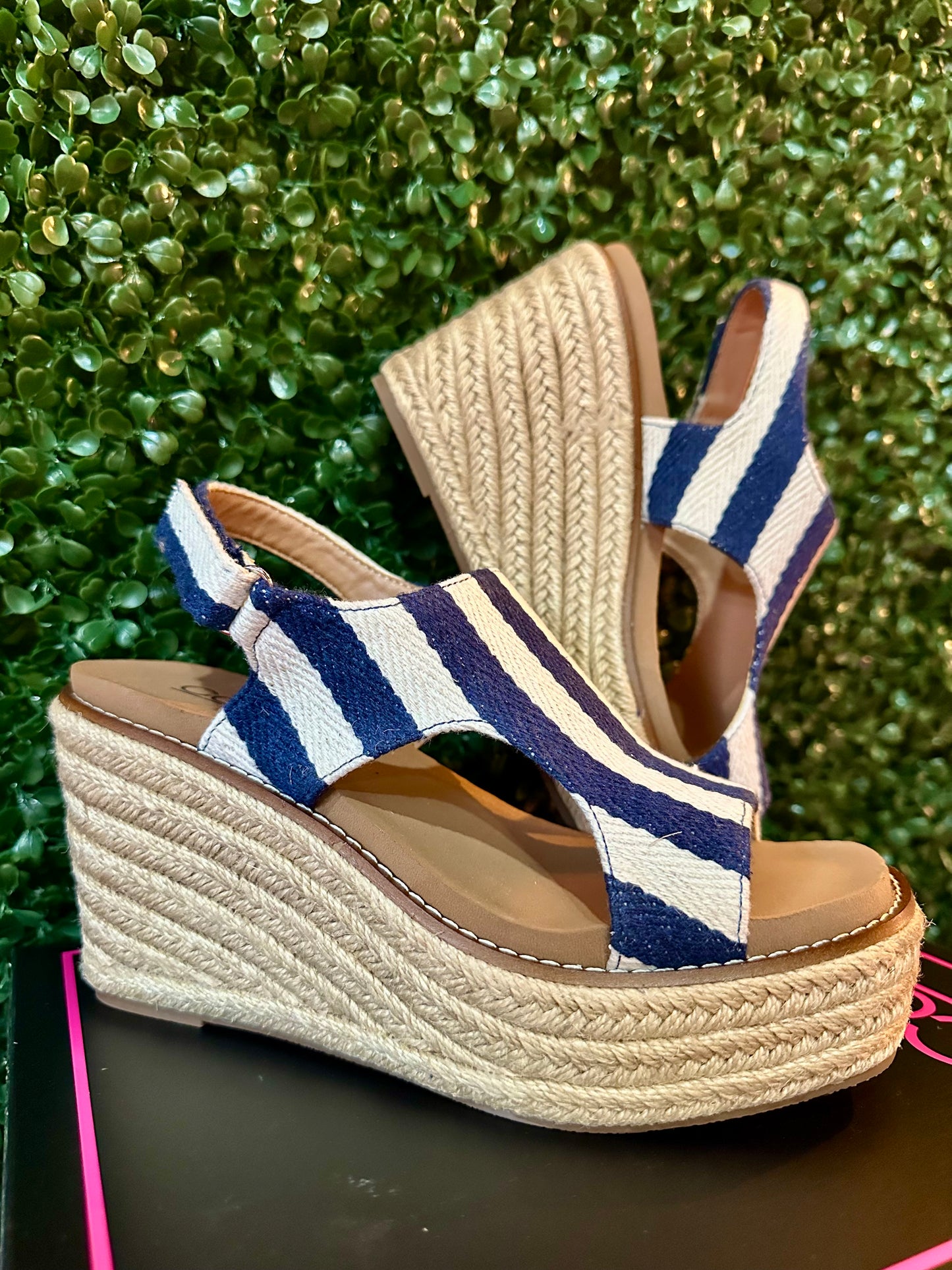 Corkys Navy Striped Wedges