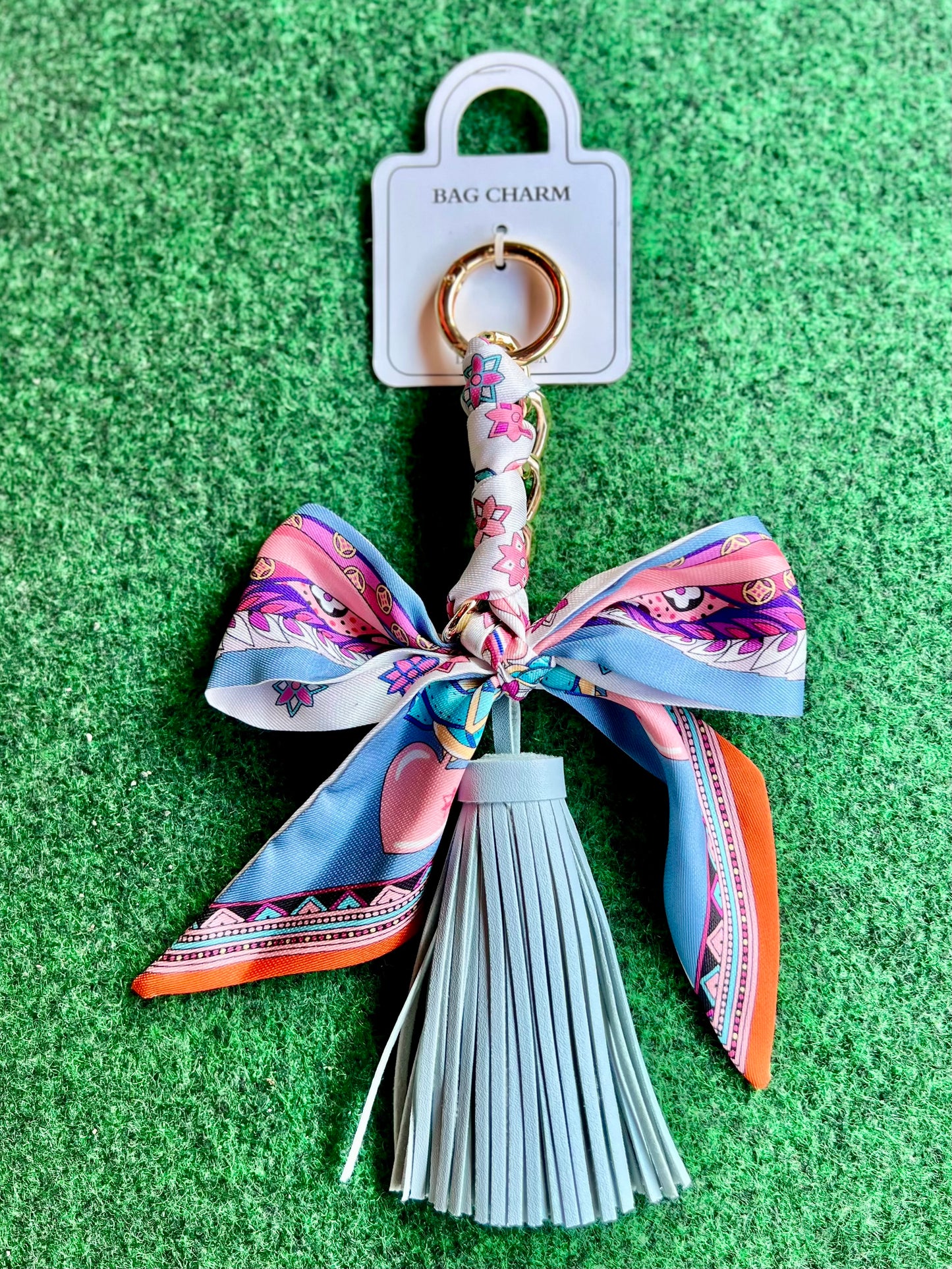 Floral & Heart Printed Scarf Bow & Tassel Bag Charm