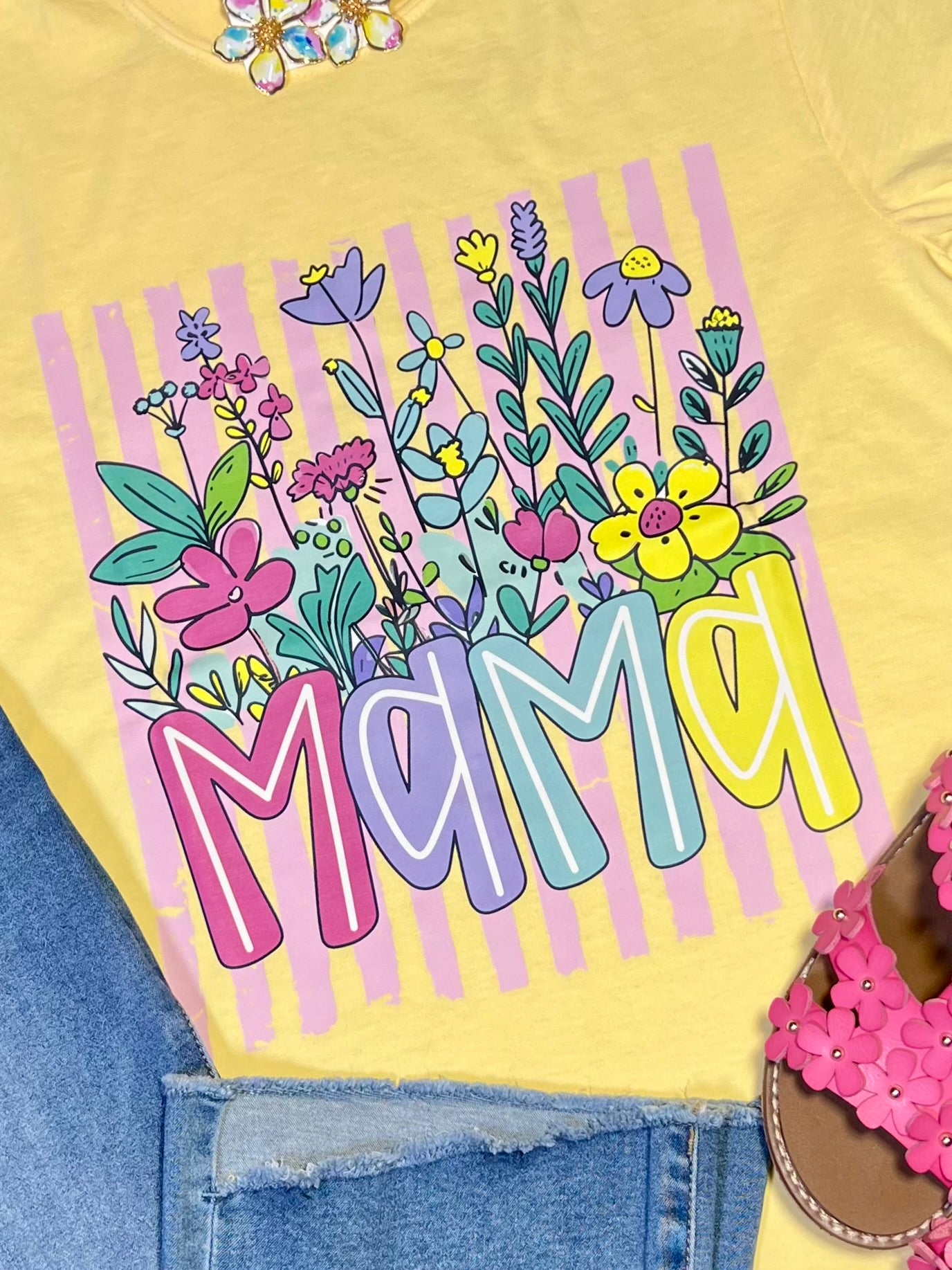 Comfort Colors Floral & Striped “Mama” T-Shirt