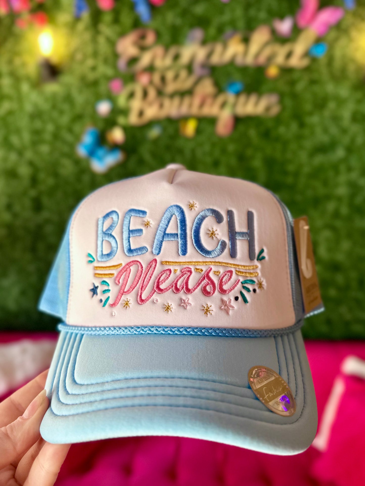 Sky Blue “Beach Please” Trucker Hat