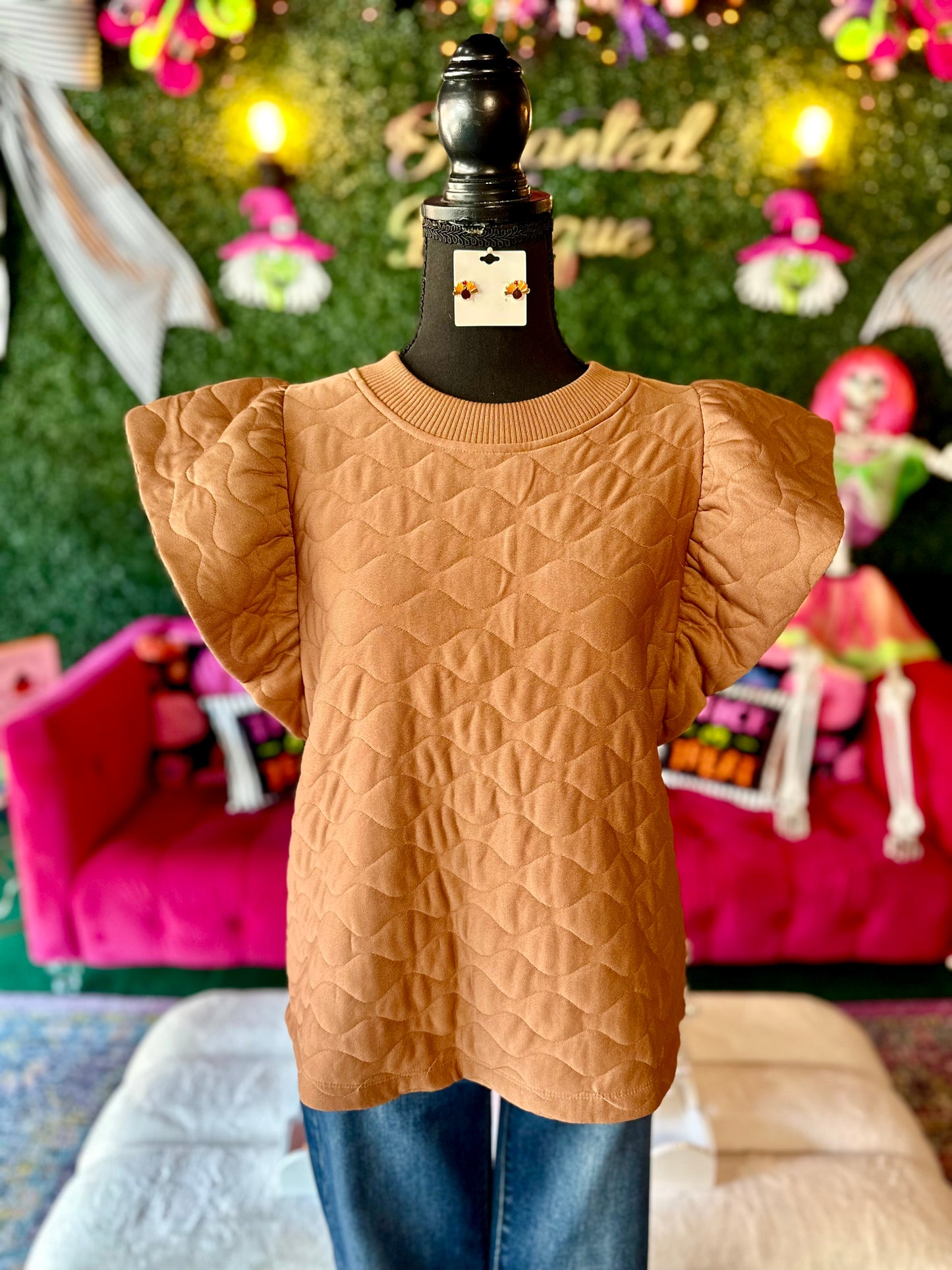Camel Quilted Ruffle Sleeve Top