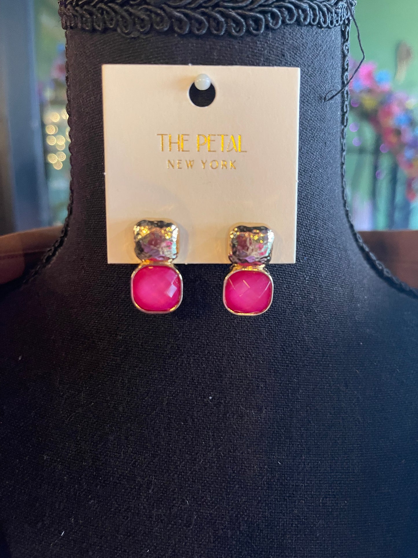 Fuchsia Epoxy Stone Link Stud Earrings