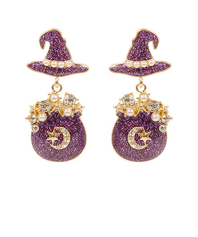 Purple Glitter Witch’s Hat & Cauldron Earrings