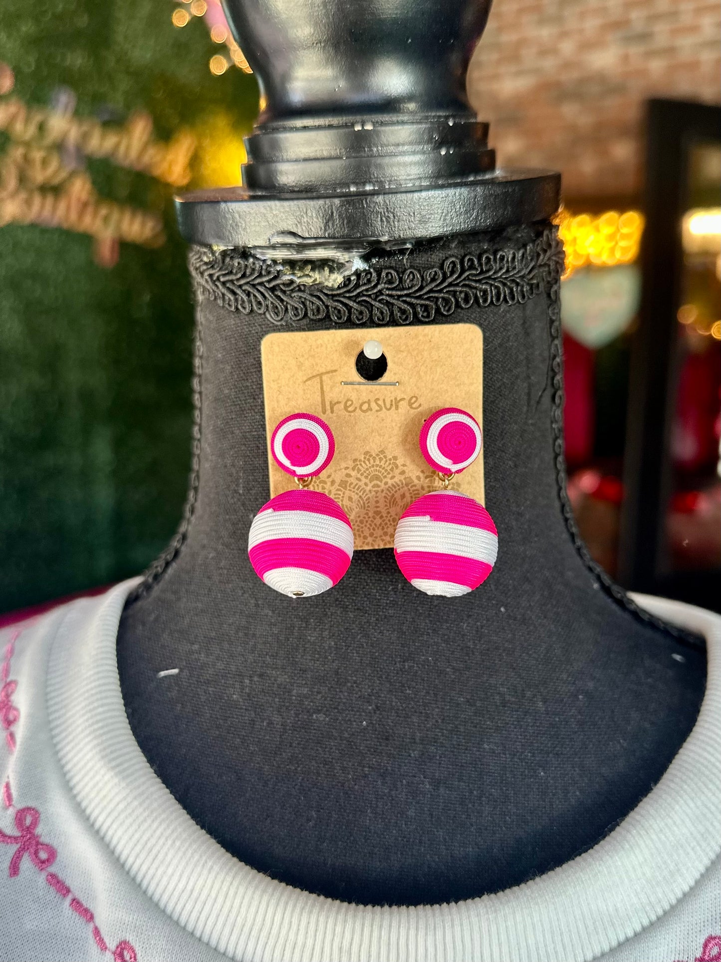 Fuchsia & White Striped Ball Dangles