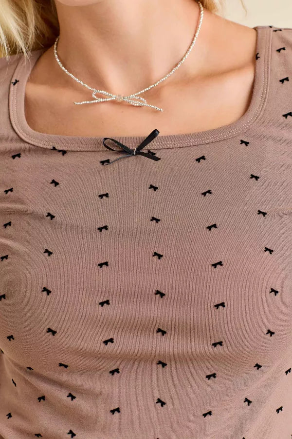 Mocha & Velvet Ribbon Print Knit Top