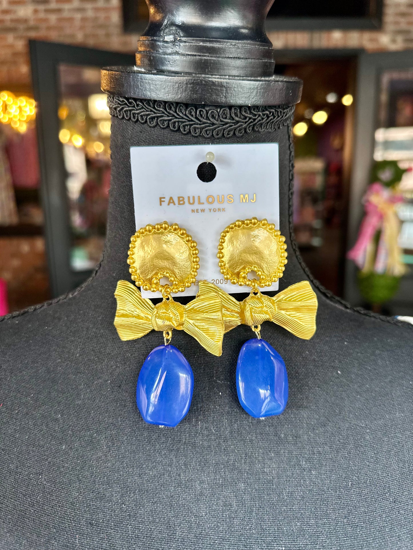 Gold Bow & Royal Blue Stone Drop Earrings
