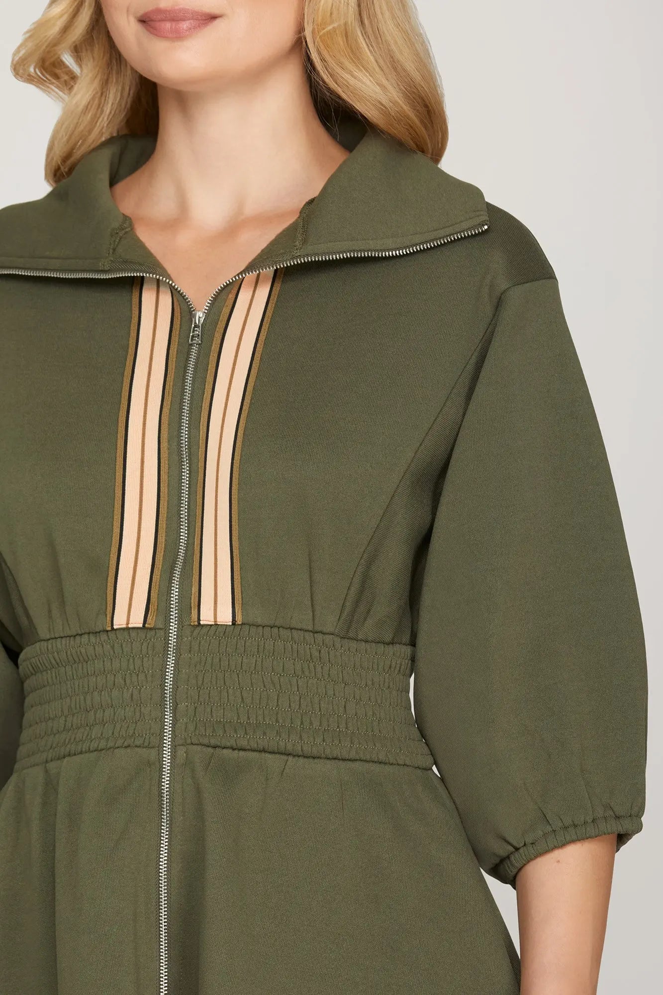 Olive Half Sleeve Zip Up Mini Dress
