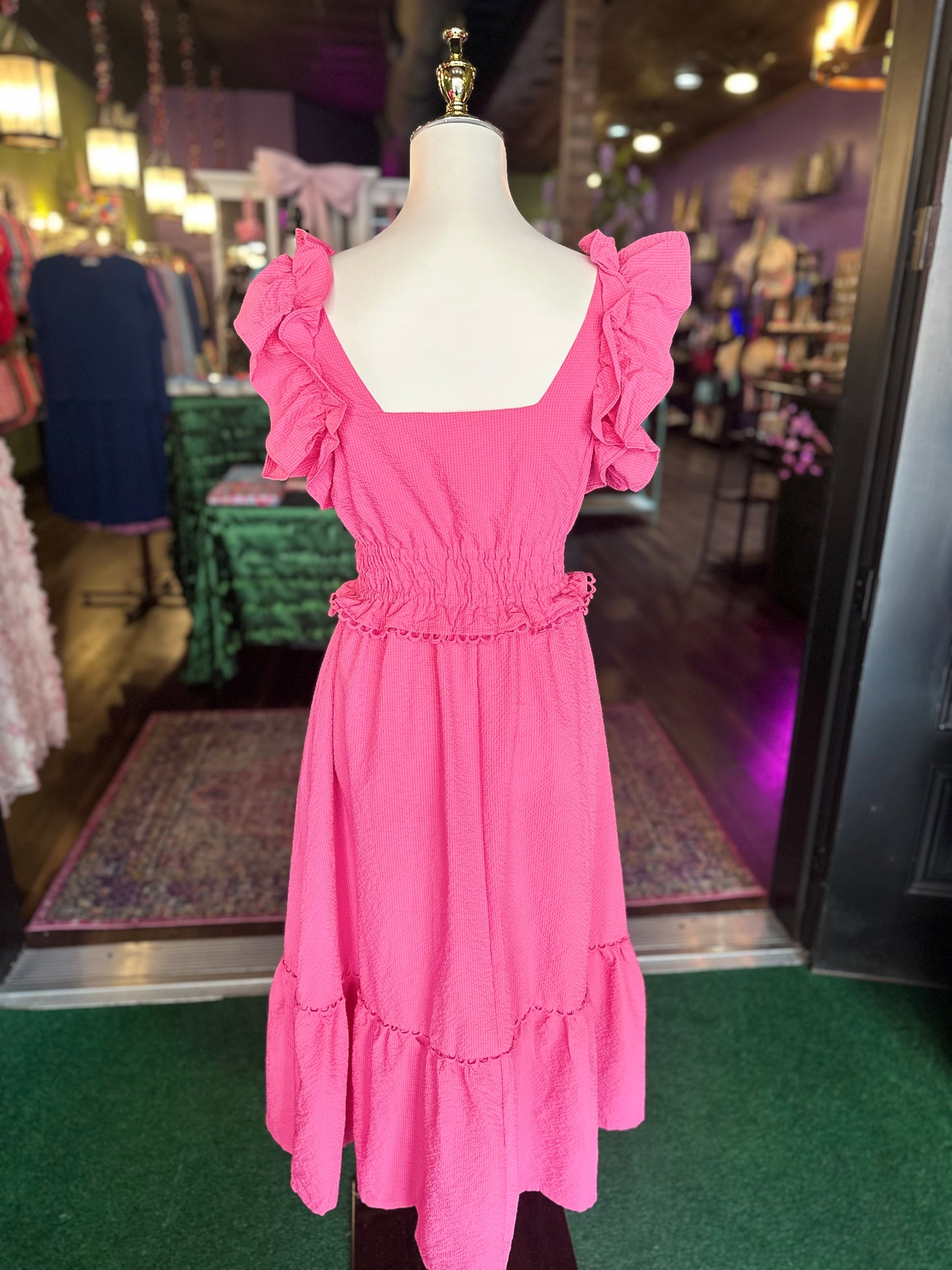 Hot Pink Ruffle Shoulder Maxi Dress