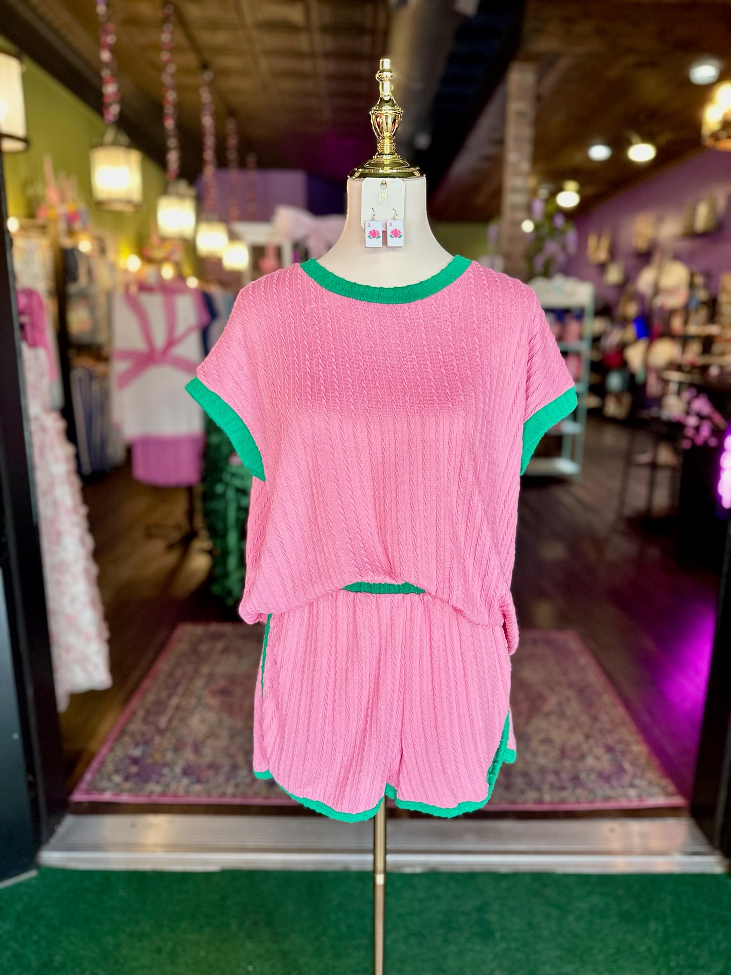 Pink & Kelly Green Top & Shorts Set