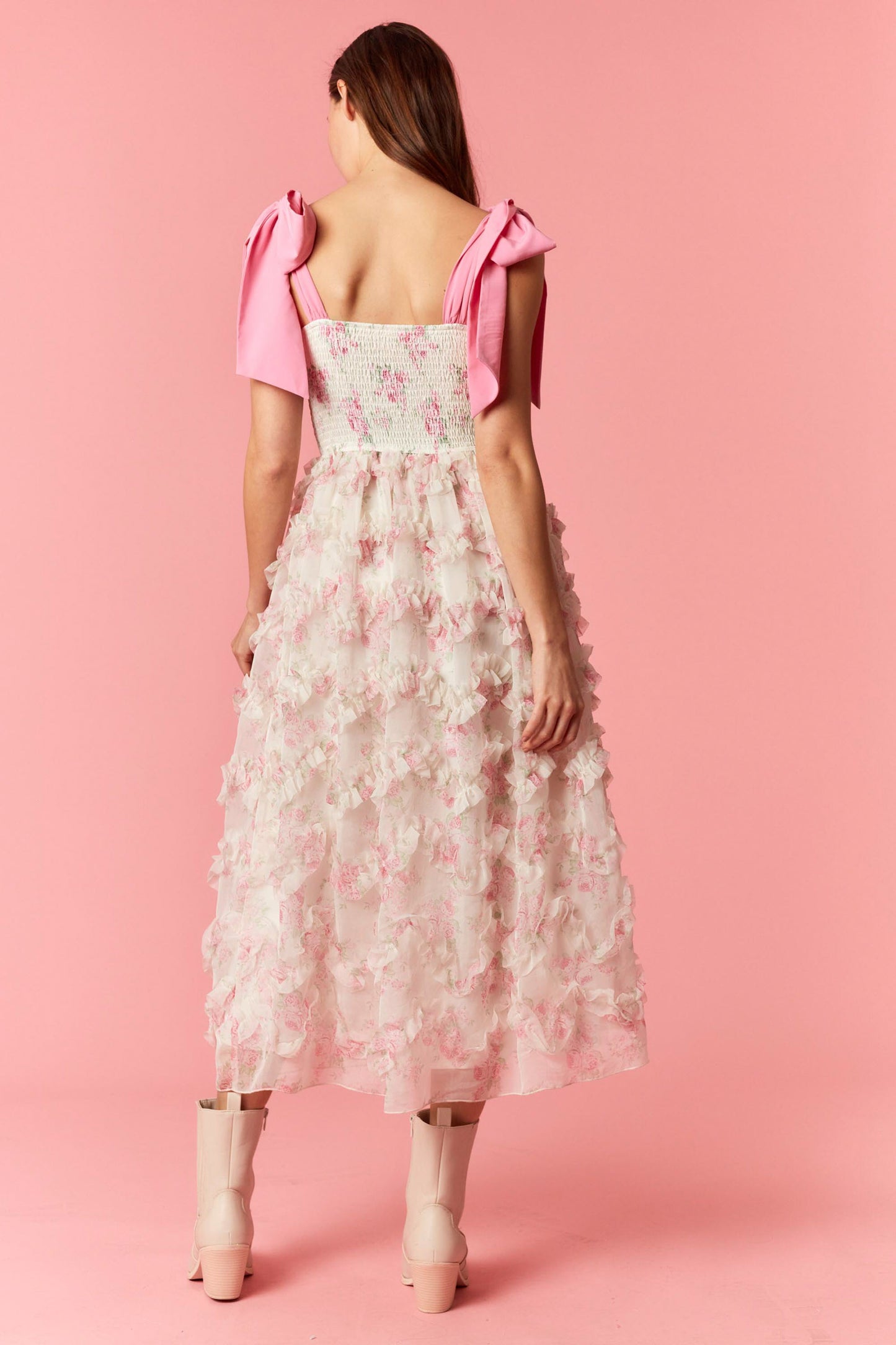 Floral Print Organza Ruffled Midi Dress
