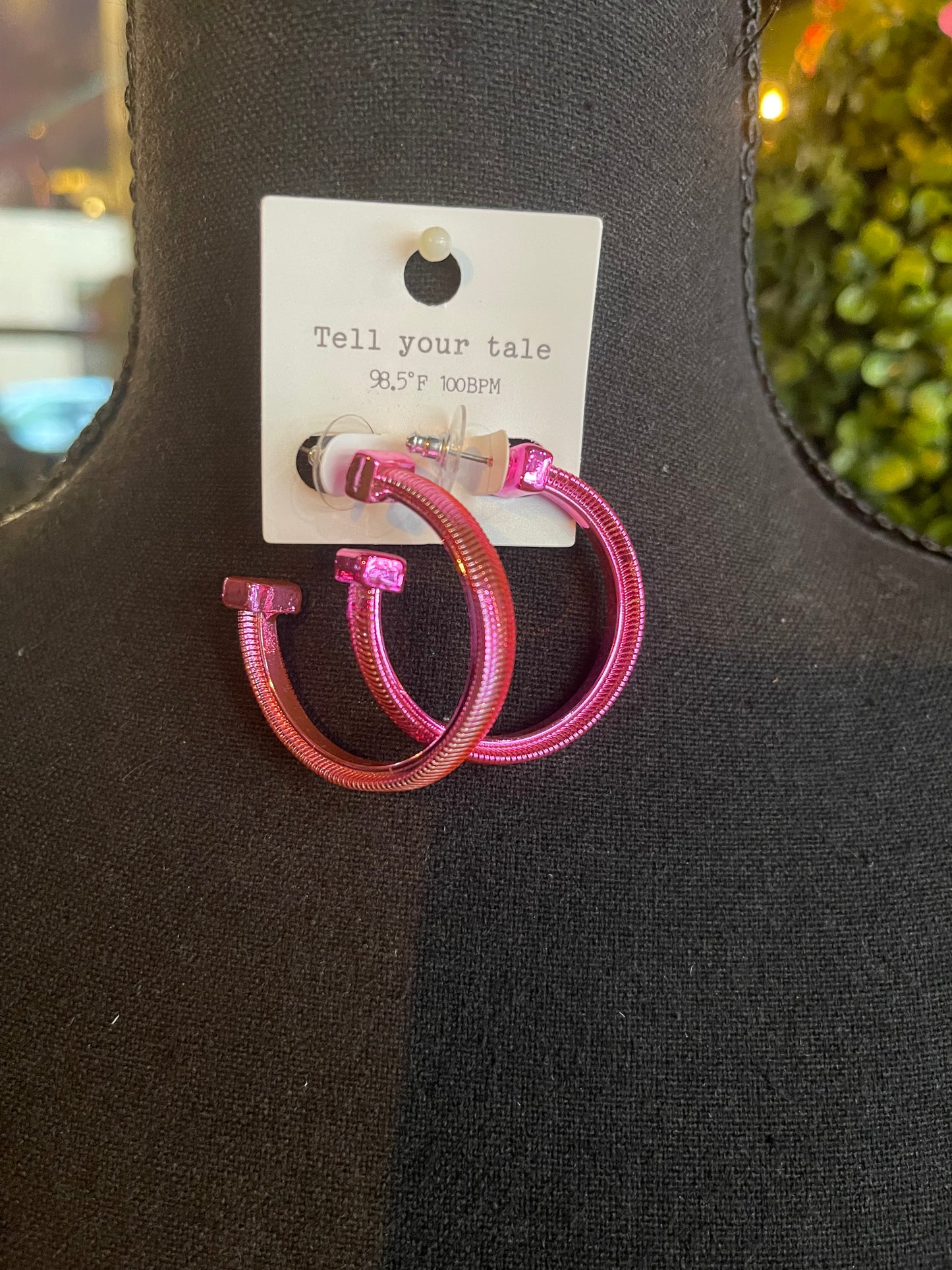 Pink Herringbone Open Hoops