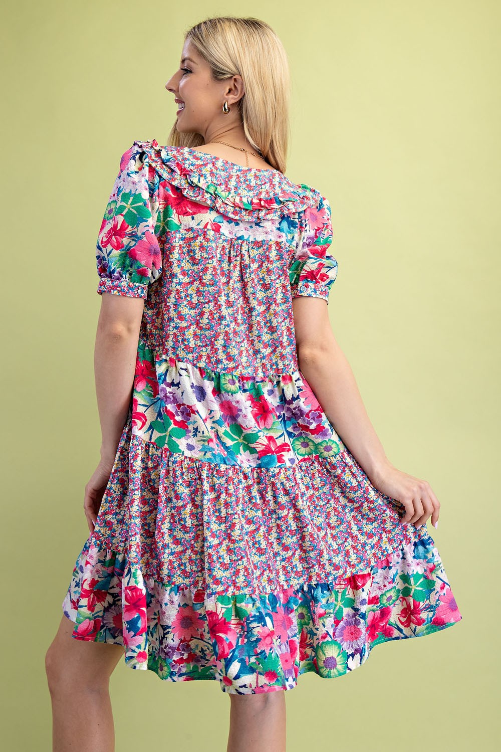 Mixed Floral Print Tiered Dress