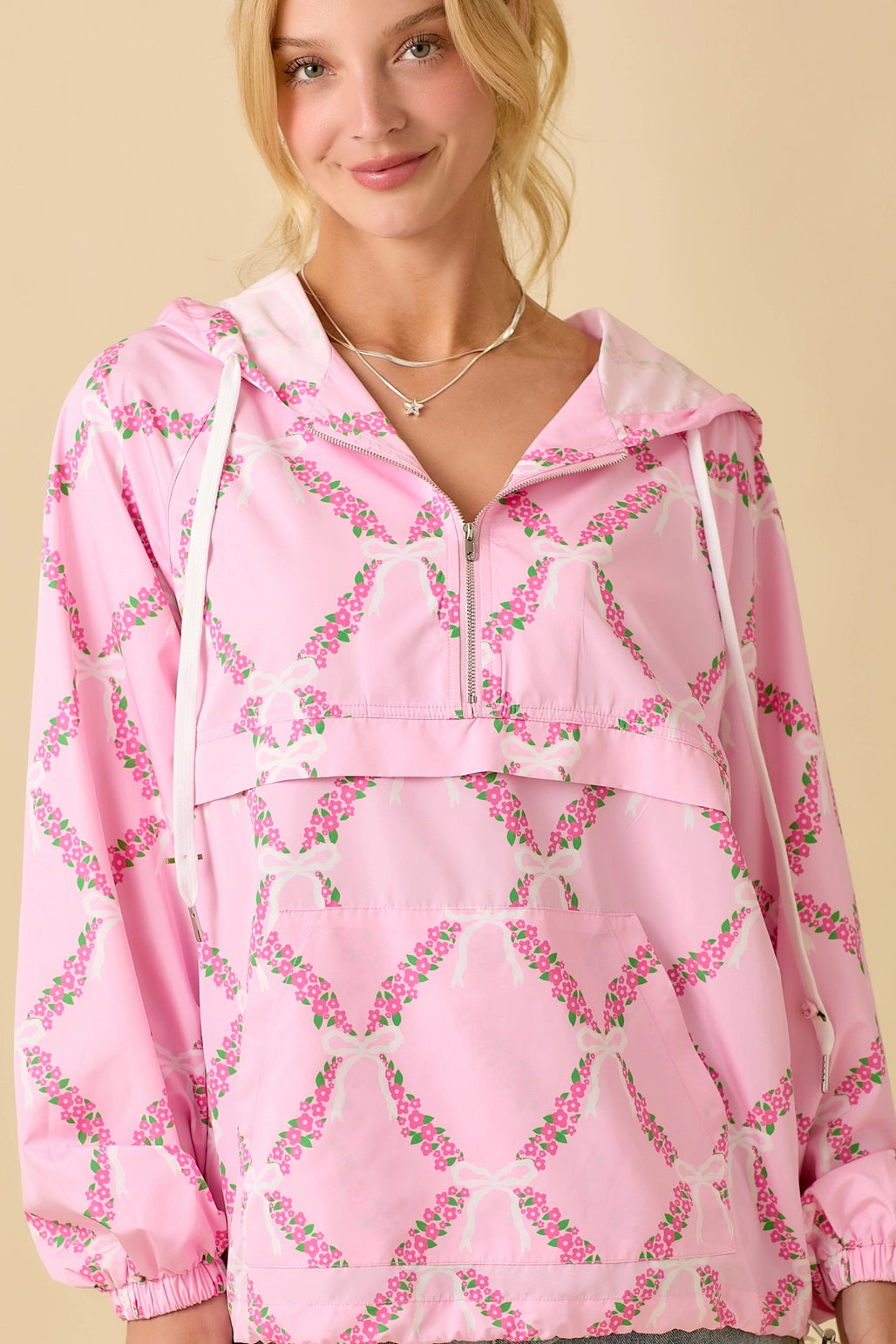 Pink Coquette Ribbon & Floral Print Windbreaker