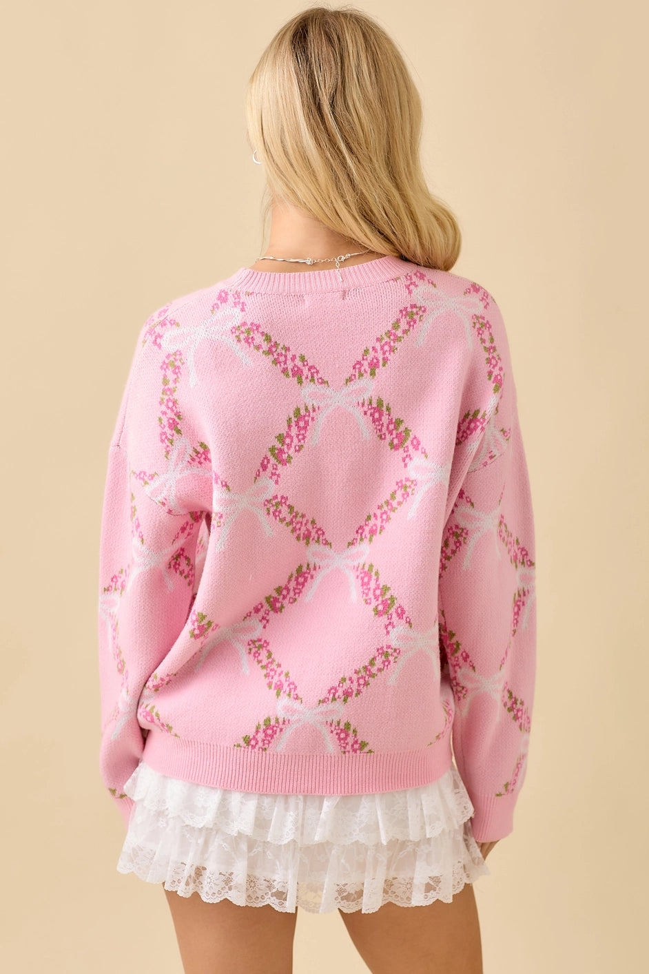 Pink Coquette Ribbon & Floral Print Sweater