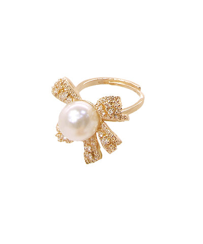 Gold Rhinestone Bow & Pearl Ring