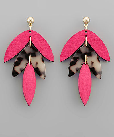 Fuchsia Wooden Marquise Earrings