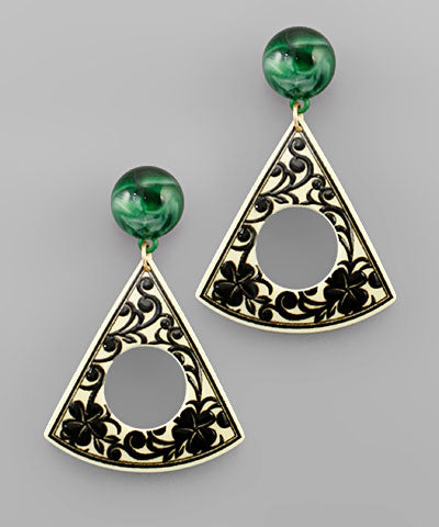 Green & Black Floral Triangle Earrings