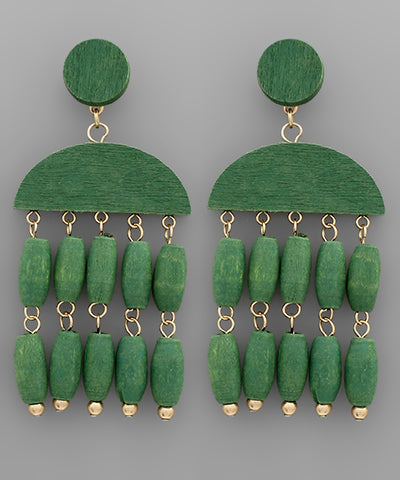 Green Wooden Beaded Tassel Earrings