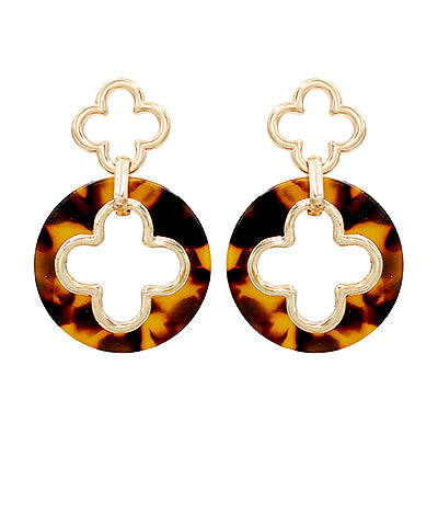 Tortoise & Gold Clover Disc Earrings