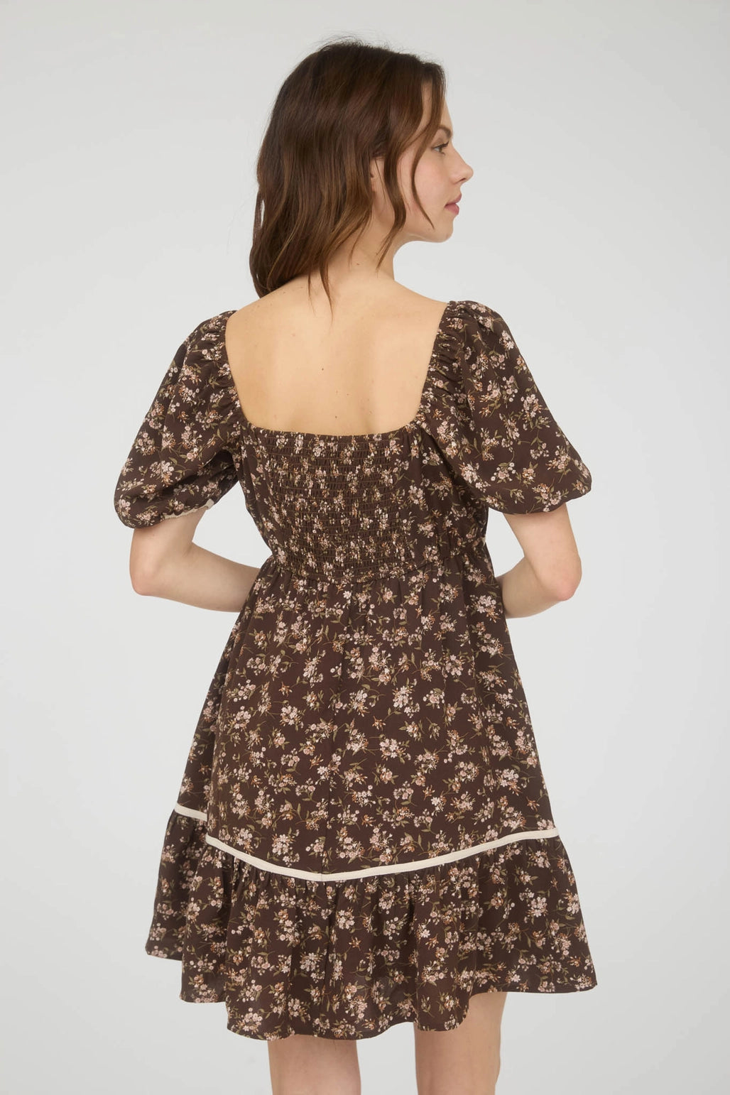 Brown Floral Puff Sleeve Dress