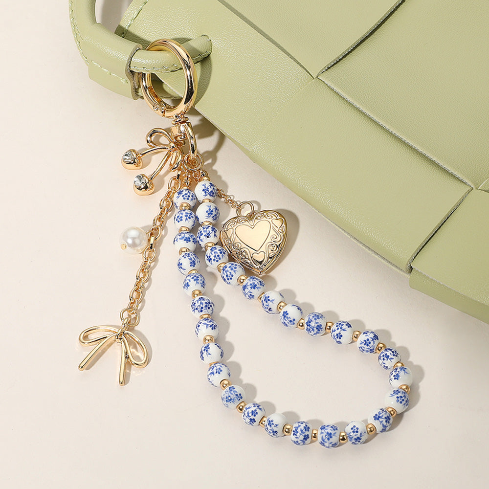 Heart Locket Floral Ceramic Ball Beaded Wristlet Keychain / Bag Charm