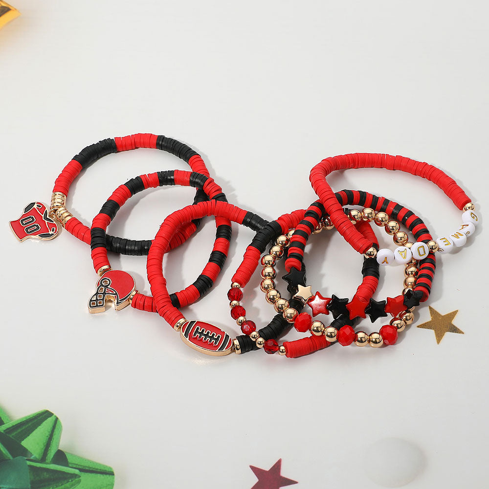 Red & Black Football Charm Bracelet Set